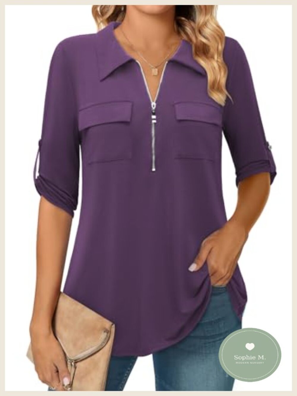 3/4 Sleeve Collared Blouse Business Casual Zip Front V Neck Tunic Blouses